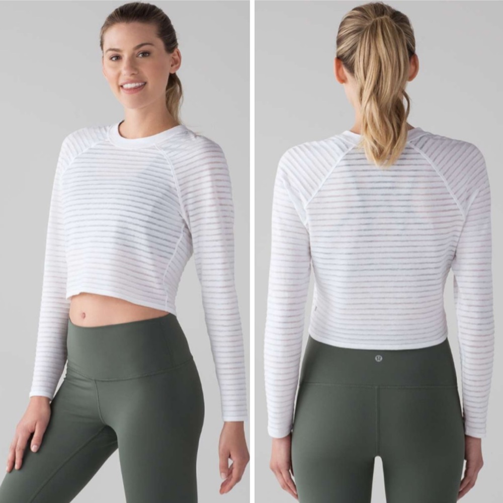 Lululemon Uncovered Long Sleeve Striped Cropped Top in White Size 4
